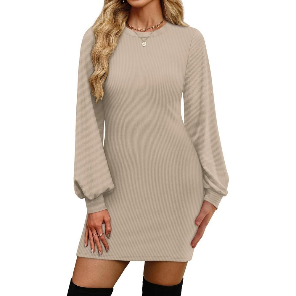 Ofeefan Women Apricot Puff Long Sleeve Crewneck Bodycon Ribbed Sweater Dress